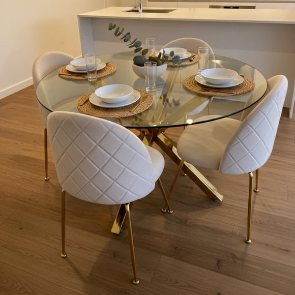 Comedor Mesa Equiz 100cm (Patas X Dorada) + 4 Sillas Adela Beige