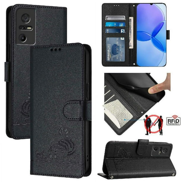Funda tipo cartera FOXDOCK para TCL 40 SE con soporte, ranuras, RFID, diseño de gato