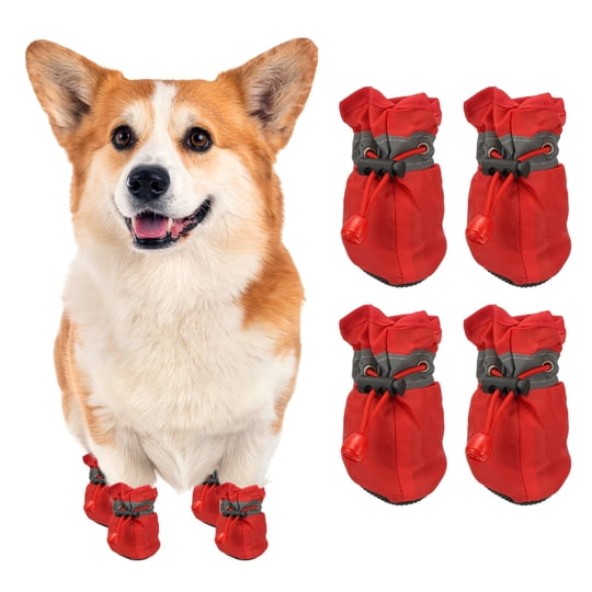 Uxcell Zapatos Para Perros Botas Para Perros, Protector De Patas Suela Antideslizante Invierno Con Correa Reflectante Impermeable Suave, (4 Piezas, Oxford, Tamaño 5, Rojo)