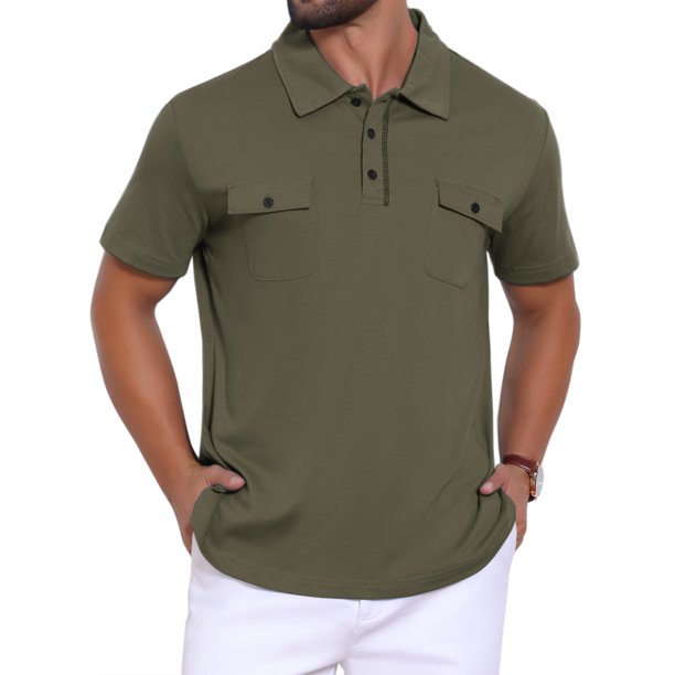 INSPIRE CHIC Camisa Polo para Hombre de Regreso a Clases con Cuello, Manga Corta, Doble Bolsillo en el Pecho, para Exteriores, Talla L, Verde Oliva