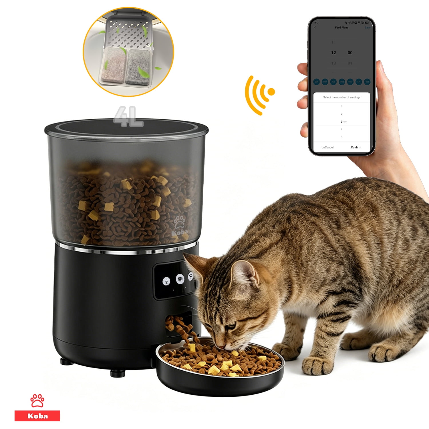 Koba - Dispensador Alimentador Automático Perros Gato Wifi 4l Negro