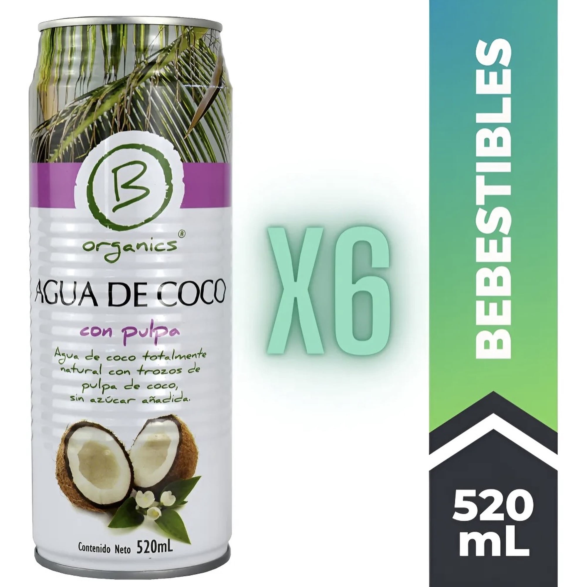 B Organics - Agua De Coco 6x Con Pulpa 520ml