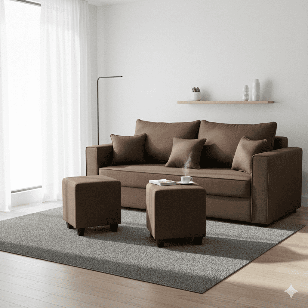 Construmuebles - Living Aurelia 3 Cuerpos + 2 Pouf Tela Chocolate