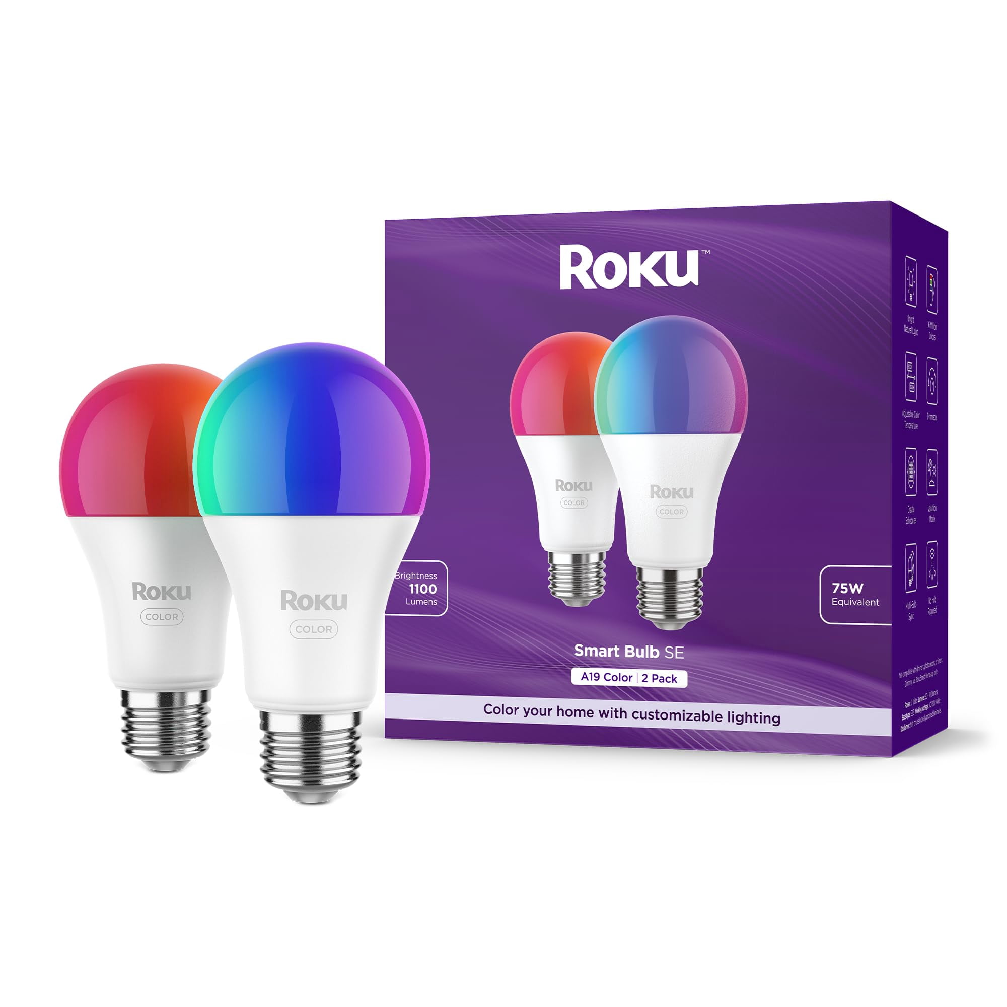 Bombilla Roku A19, Color Regulable, 2 Unidades, Wifi Smart