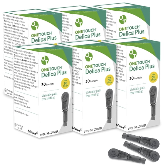 Lancets OneTouch Delica Plus, calibre 30, para diabetes, 180 unidades