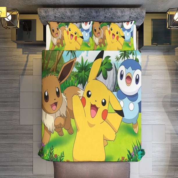 Comforter Set Queen Size Pokmon Set with 2 Pillowcases for All SeasonsBedding Set 3pcs for Kids Boys Girls Bedroom Decor Bed Sheets