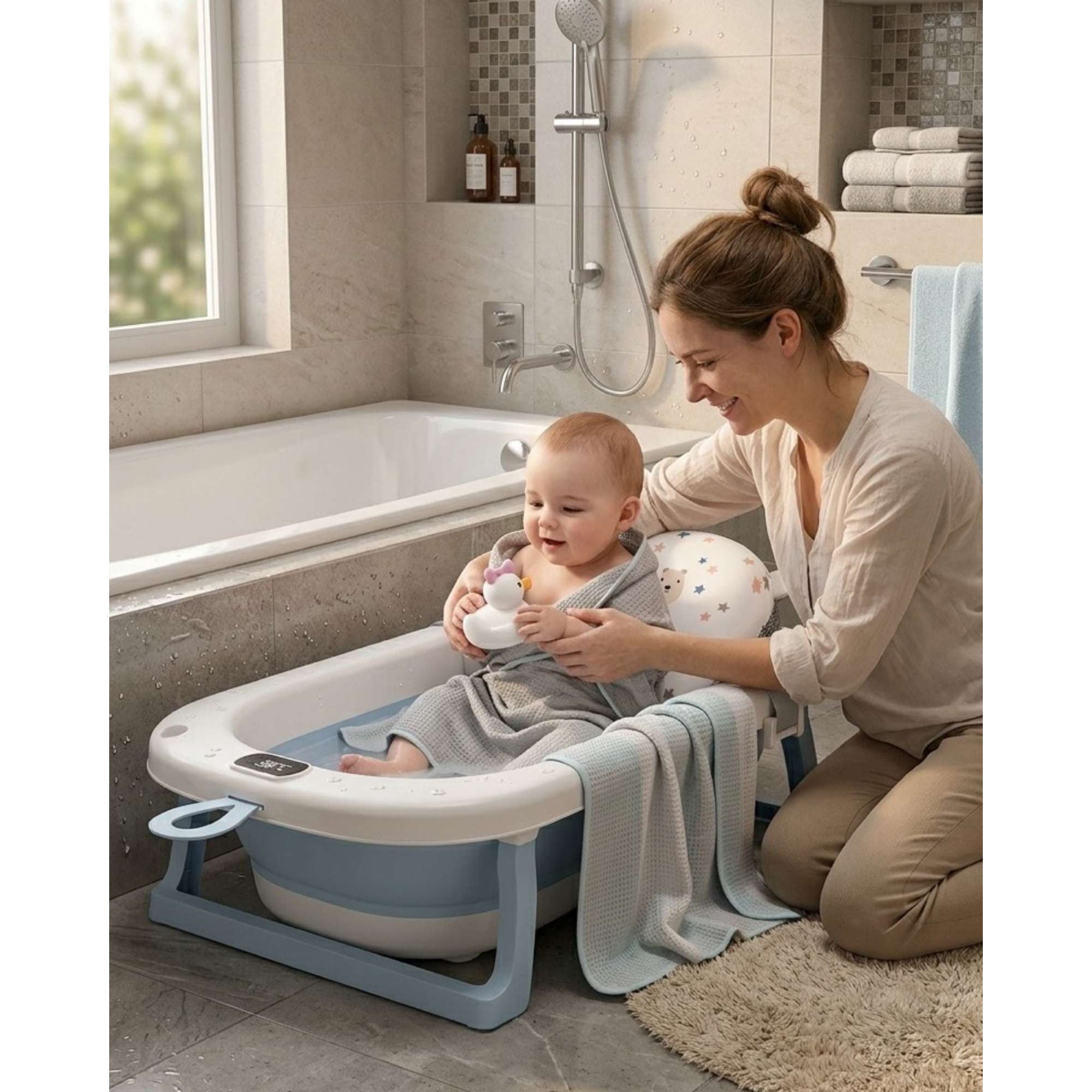 Imac Hogar - Bañera Plegable Azul Para Bebé Con Termómetro Digital Y Cojín De Soporte Estrellas