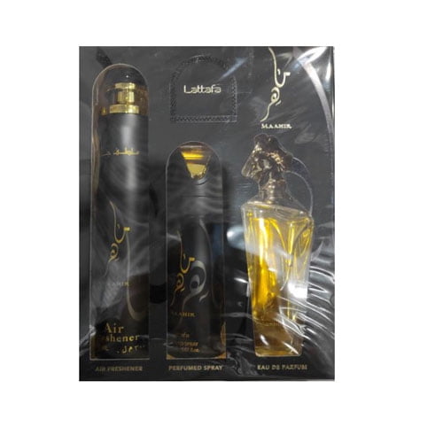 Set de perfume LATTAFA Maahir unisex (3 piezas): 3.4 oz EDP; 6.67 oz desodorante; 10.14 AIR FRESHENER