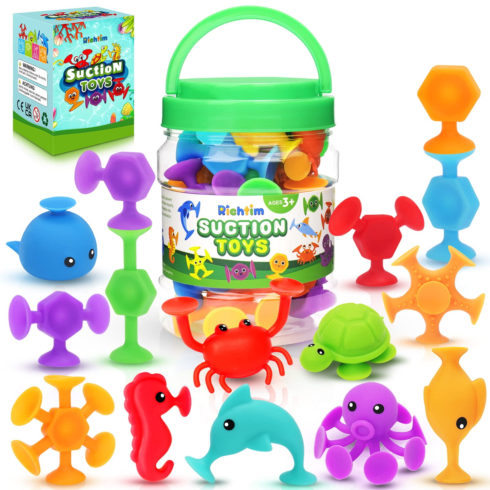 Juego de Ventosas para Niños 19 Piezas Juguetes de Succión Gel de Sílice con Caja de Almacenamiento para Huevos de Dinosaurio Juguetes Baño Bebe para Niños 3 4 5 6 7 Años