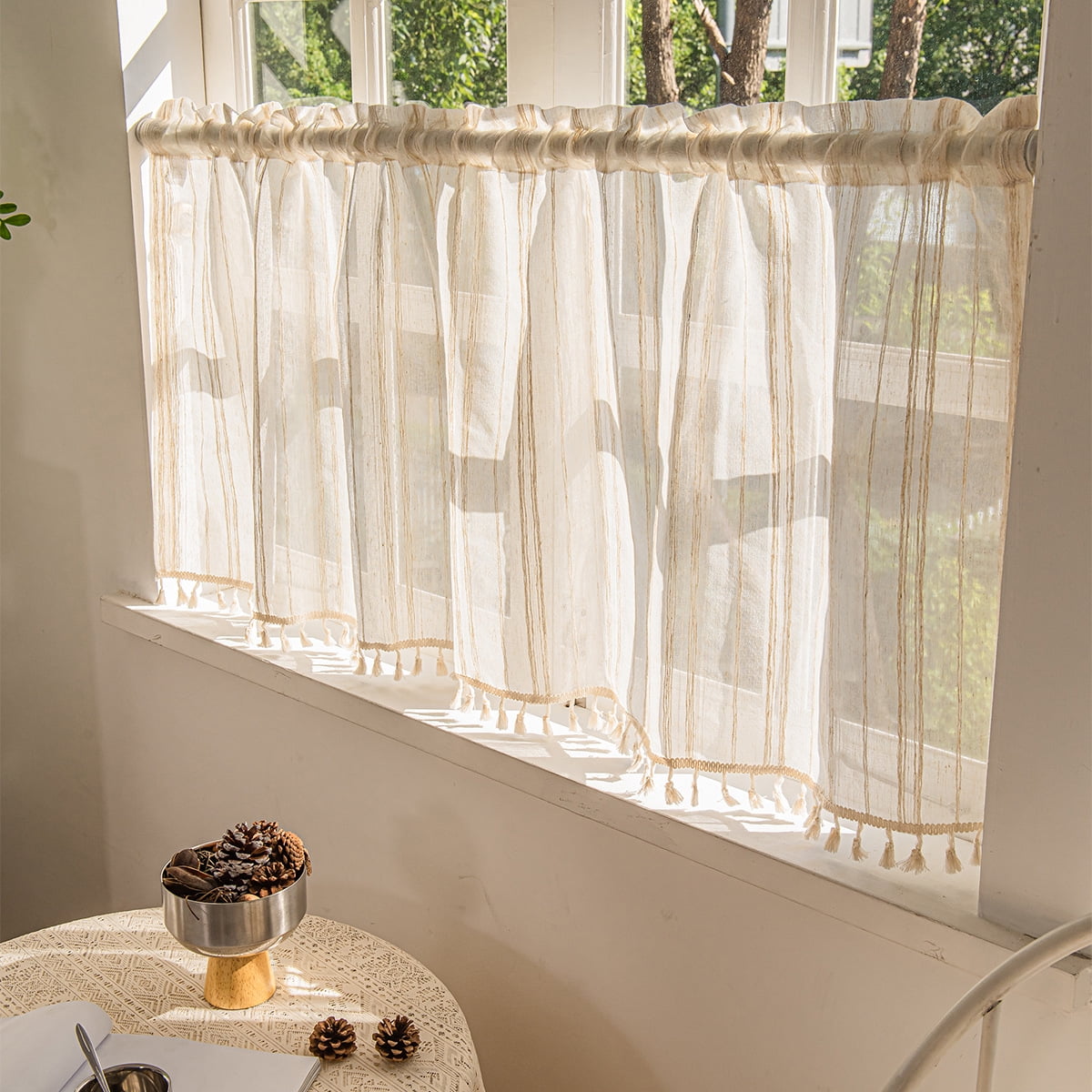 Xusx111 - Deeprove Boho Texturado Valance Tier, Neutral Bohemio Granja Elegante Cocina Armario Texturado Burlap Con Borlas, Ventana Tratamiento Pequeño Lino Raya Cortina Pared Decoración, 1 Panel 57 "w X 24" L