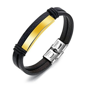 Millam - Pulsera Hombre Cuero Con Placa Acero Negro Dorado