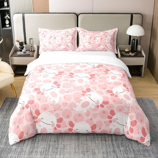 Cartoon Axolotl Bedding Set Twin Full Size Cute Ocean Animal Duvet Cover with 2 Pillow Sham Pink Comforter Cover Set Decorative