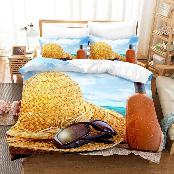 Straw Hat Sand Beach Quilt Duvet Cover Set Pillowcase Children3-Piece Bedding Set