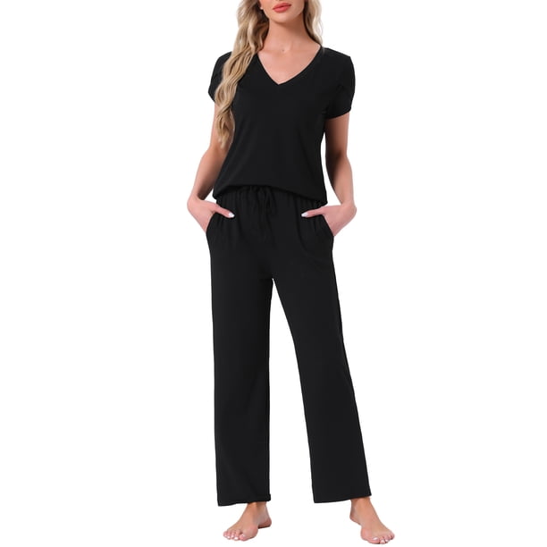 INSPIRE CHIC Pijamas para Mujer Cuello en V Manga Corta con Pantalones con Cordón Conjunto de Ropa de Dormir Estampado con Bolsillos S Negro