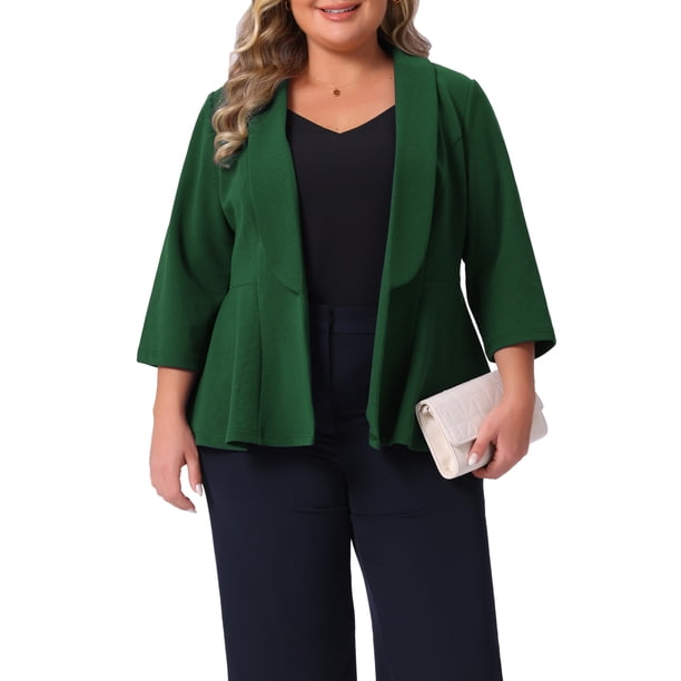 Agnes Orinda Blazers de Negocios Casual Abiertos con Peplum y Mangas 3/4 para Mujer Talla Grande 1X Verde Oscuro