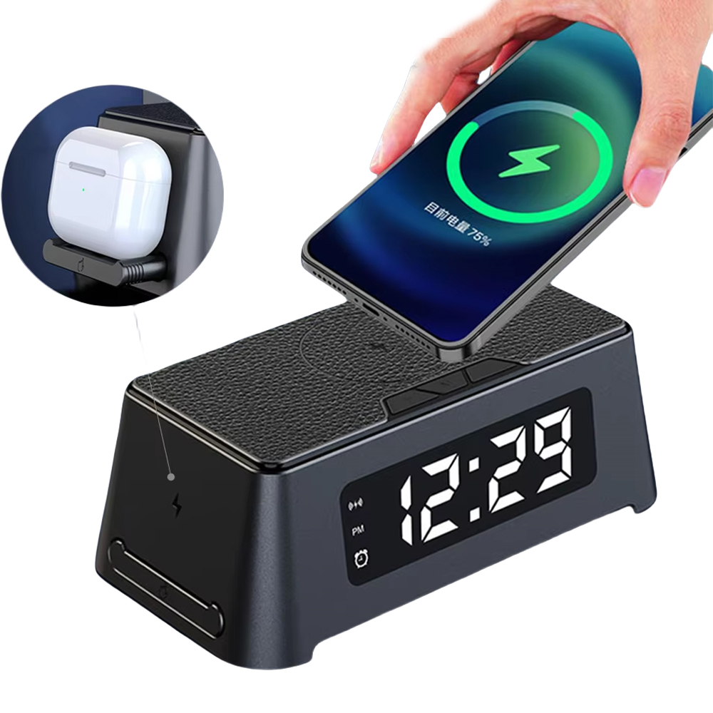 Genérico - Reloj Despertador Con Cargador Inalámbrico, Luz Led Y Base De Carga Rápida De 15 W Para Iphone Y Samsung-Negro