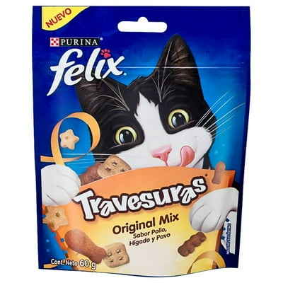 Snack Gato Adulto Travesuras Original Mix Pollo, Hígado Y Pavo Bolsa 60 G Felix