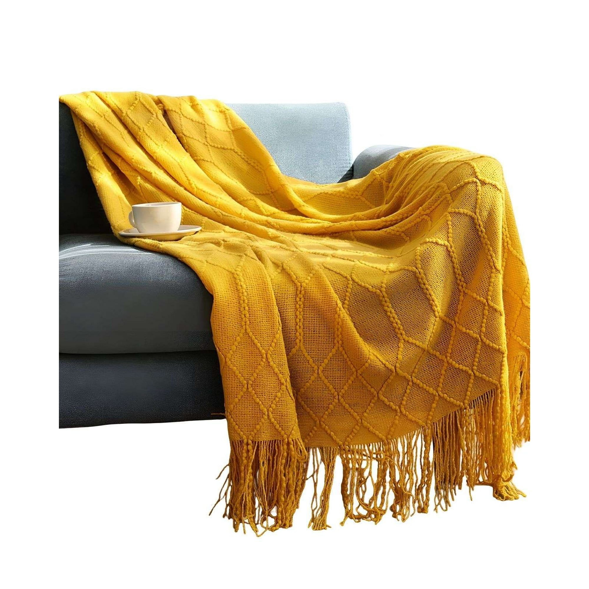 Tengfei - Mantas Decorativas Para Sofas Camas Con Flecos 127x152 Cm Amarillo