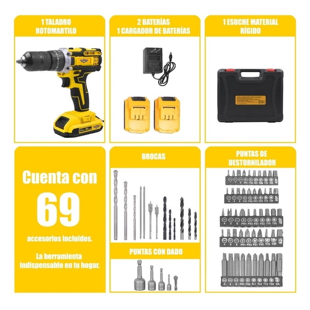 Taladro Percutor Inalambrico 13mm Atornillador Kit 69 Pz | Lider