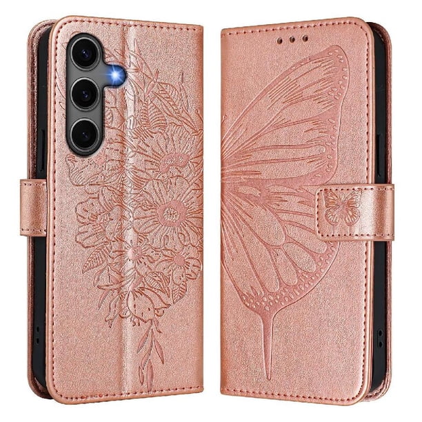 Funda cartera mariposa para Samsung Galaxy S25 Plus con soporte y ranuras para tarjetas Oro rosa