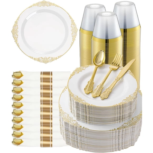 Vajilla Desechable Goodluck 350 Piezas Dorado para 50