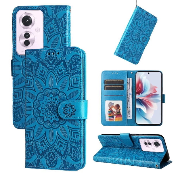 Funda tipo cartera FOXDOCK para OPPO Reno 11F , diseño girasol en relieve, cuero PU, cierre magnético, soporte y tarjetero
