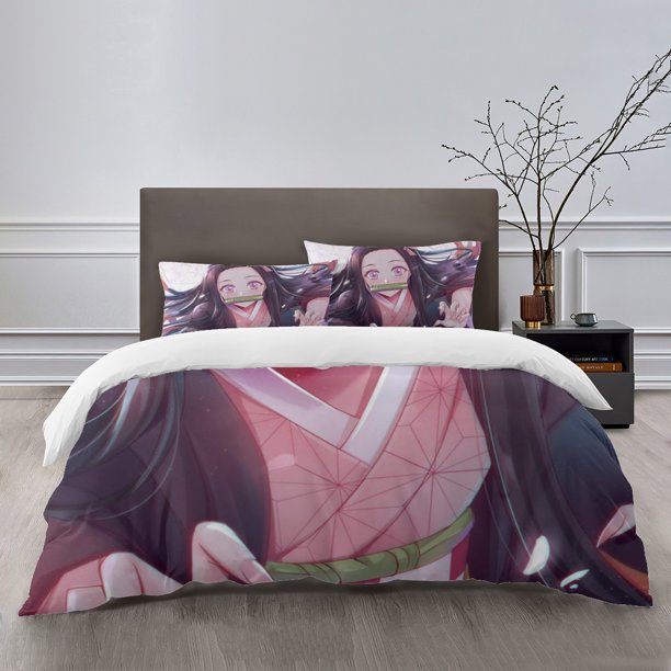 Nezuko Bedding Sets Bed Cartoon Duvet Cover Lightweight 3 Piece Bet Sets for Kids Boys Girls