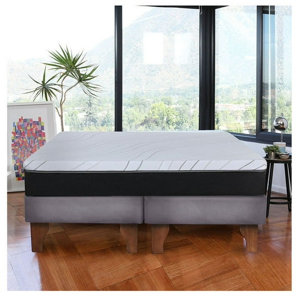 Cama Europea Zen Pro Colchon Resortes 2 Plazas Base Dividida Tela Gris