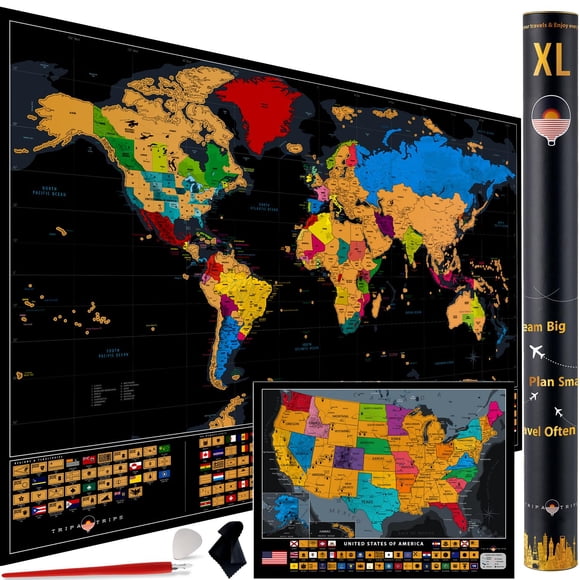 Mapa del mundo XL para rascar con 233 banderas y un mapa de EE. UU. Deluxe