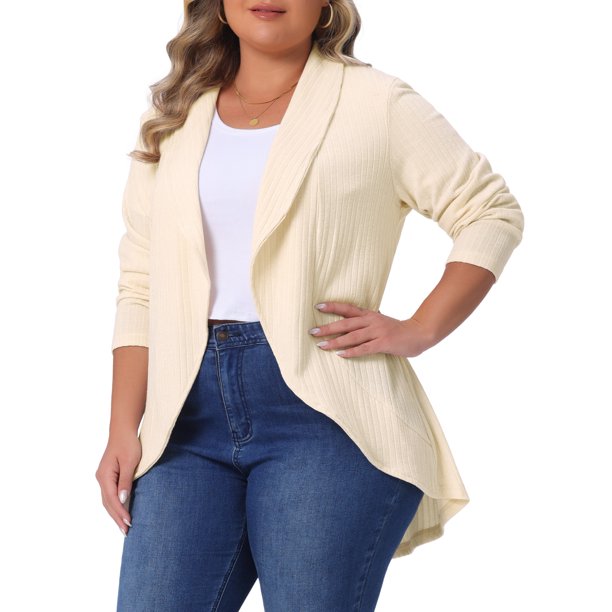 Agnes Orinda Cárdigan de Punto para Mujer Talla Grande con Solapa, Manga Larga, Frente Abierto, Dobladillo Irregular, Suéter Casual Suave 1X Beige