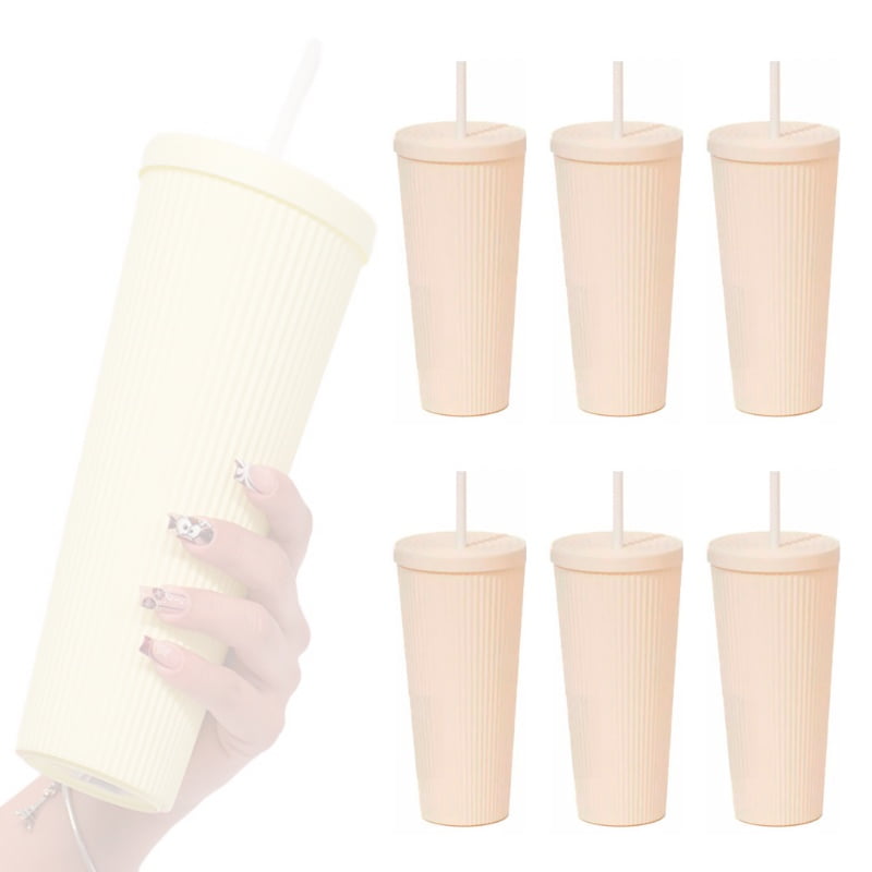 Wakeshome - Pack De 6 Vasos Beige Plastico Tipo Starbucks Con Bombilla Y Tapa