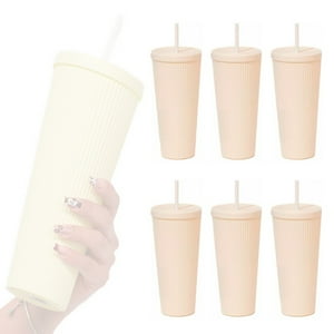 Wakeshome - Pack De 6 Vasos Beige Plastico Tipo Starbucks Con Bombilla Y Tapa