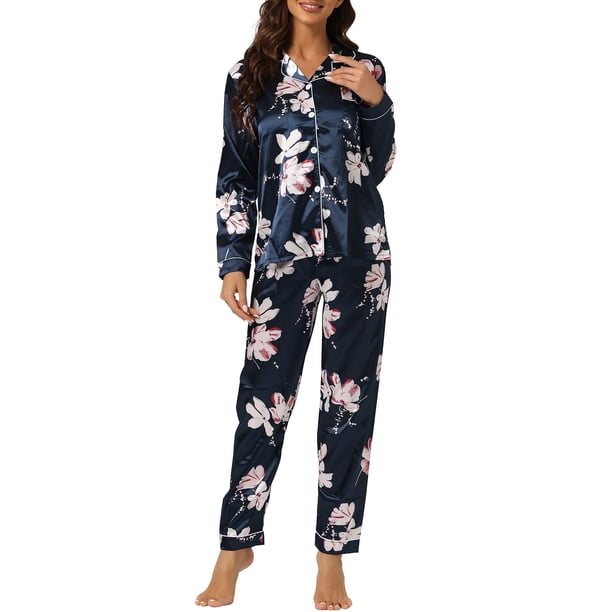 INSPIRE CHIC Conjunto de Pijama de Satén Floral para Mujer con Manga Larga y Botones, Ropa de Dormir con Solapa Entallada para Otoño Invierno L Azul Marino