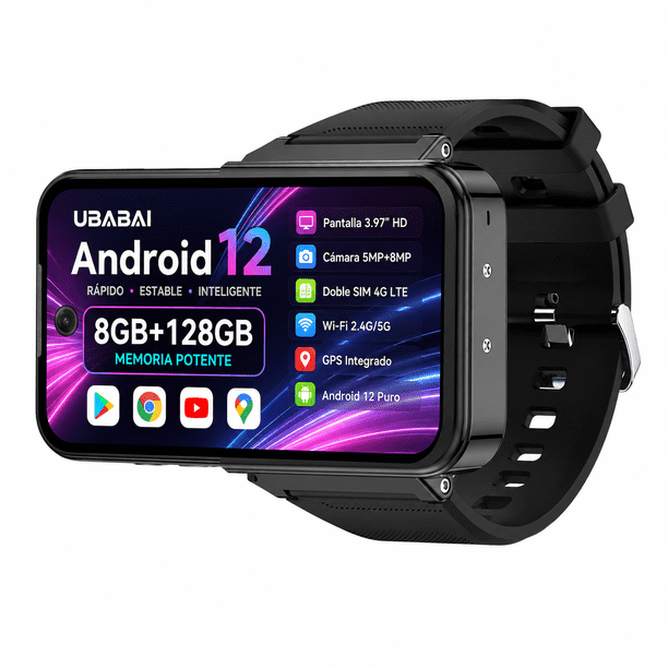 Smartwatch Teléfono UBABAI Android 12 4G LTE, 3.97" 8GB RAM + 128GB Dual SIM GPS Cámara Dual WiFi Negro
