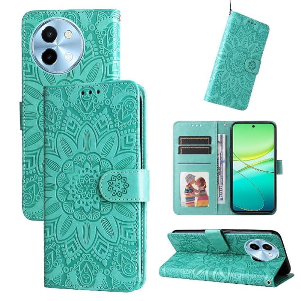 Funda tipo cartera FOXDOCK para Vivo Y38 5G , diseño girasol en relieve, cuero PU, cierre magnético, soporte y tarjetero