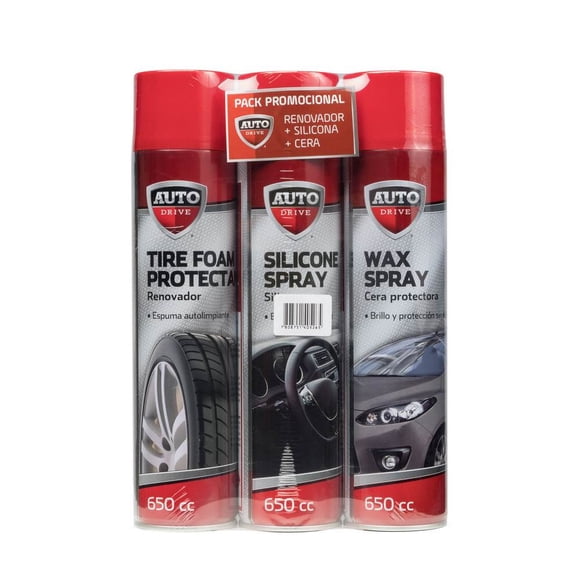 Pack 3 Spray Automóvil Renovador + Silicona + Cera 650 cc c/u, 1 Un