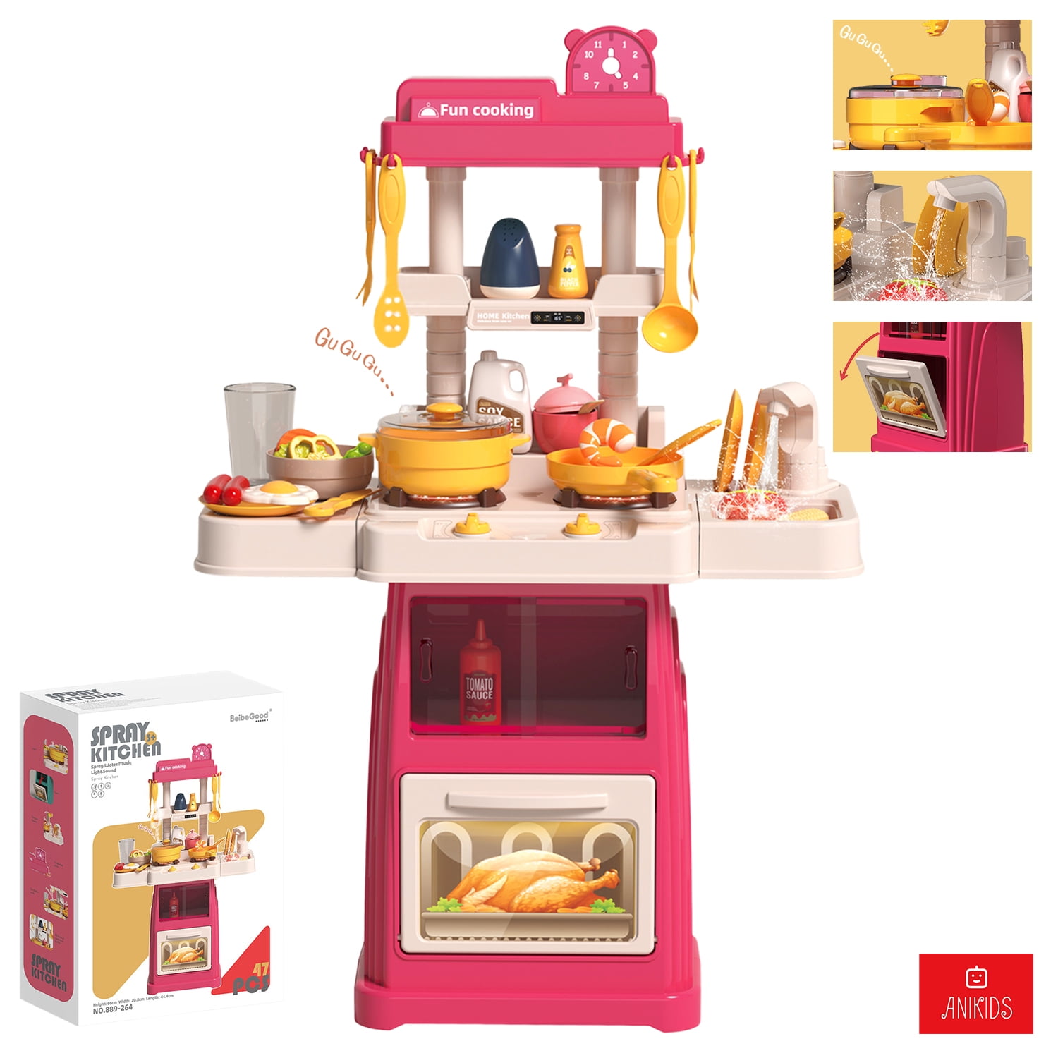 Anikids - Juguete Cocinar 66cm Para Niños Luz Sonido Agua 47 Piezas Rosa Chicle