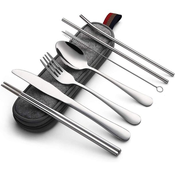 Utensilios portátiles, juego de cubiertos para viajes y camping, 8 piezas que incluye cuchillo, tenedor, cuchara, palillos, cepillo de limpieza y pajitas, estuche portátil, juego de cubiertos de acero