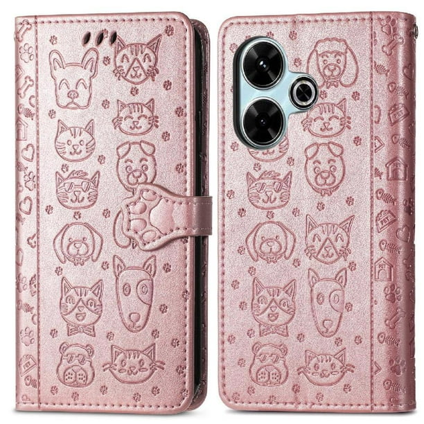 Funda Cartera FOXDOCK para Xiaomi Redmi 13 4G , Flip PU con Relieve de Gatos y Perros, Tarjetero y Soporte