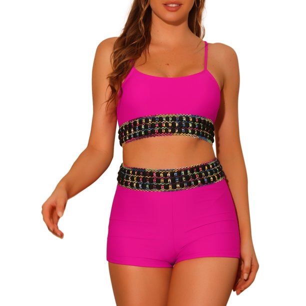 Conjuntos de Bikini de Mujer en Contraste de Color 2 Piezas de Cintura Alta Cuello Redondo Traje de Baño Pequeño Rojo Rosado