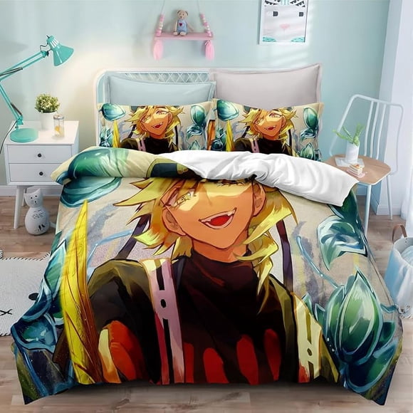 Be-d Duv-et Cove-r Anime Ca-rtoon Demon-Sl-ayer Bedding -Sets 3D Lightw-eight 3-Piece- Comforter Sets 1 Duvet C-over and 2 Pill-ow Shams for Boys Girl