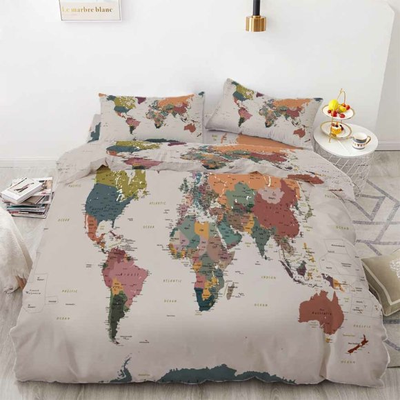 Map Of The World Is Very Clear Quilt Duvet Cover Set Pillow case Print3-Piece Bedding Set (1 Duvet Cover + 2 Pillow Shams)