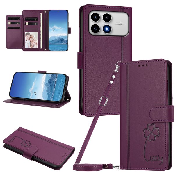 Funda Cartera Trébol para Xiaomi Poco F8 Pro con Ranuras Tarjetas y Carga Inalámbrica Violeta