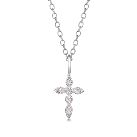 Collar Heshpaws Cruz S925 Plata Con Piedra De Nacimiento Rosa Mujer