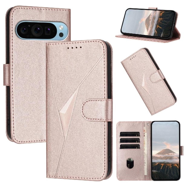 Funda Cartera Fibra de Carbono para Google Pixel 9 Pro con Soporte y Cierre Magnético Rosa