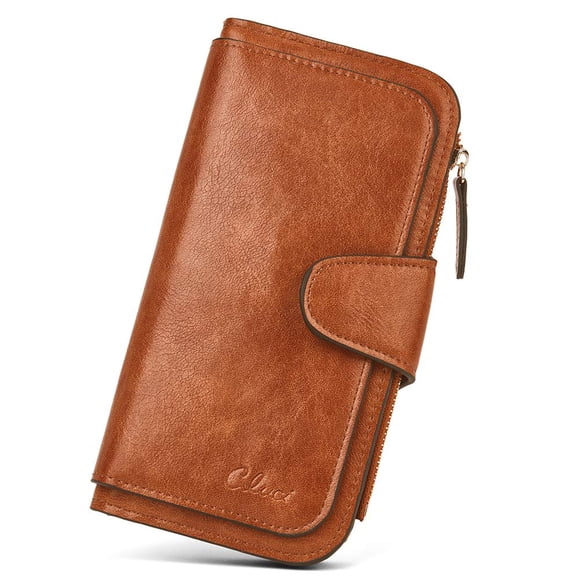 Billetera CLUCI de piel para mujer con bloqueo RFID, triple pliegue, marrón