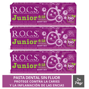 Pack 3 Pasta Dental Rocs Junior Berry Mix 74G Sin Fluor