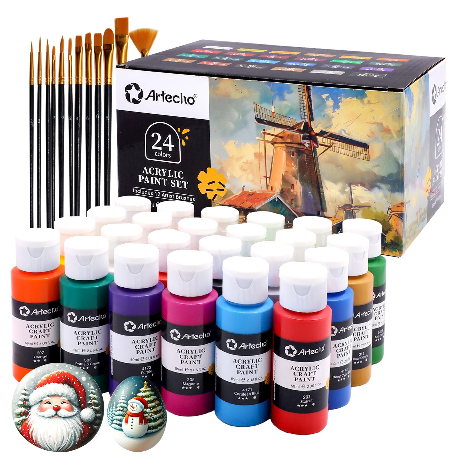 Set De Pintura Acrílica Artecho De 24 Colores De 59 Ml Con 12 Pinceles
