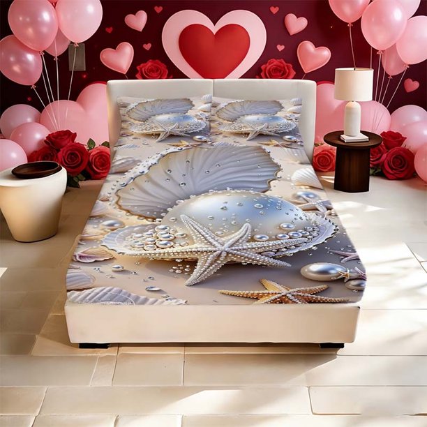 Ocean Shell Art Printed Fitted Sheet Bedding/2 Pillowcases/1 Fitted Sheet/Twin Bed/Full Bed/Queen Bed/King Bed - Soft And Skin-Friendly/r - Snug