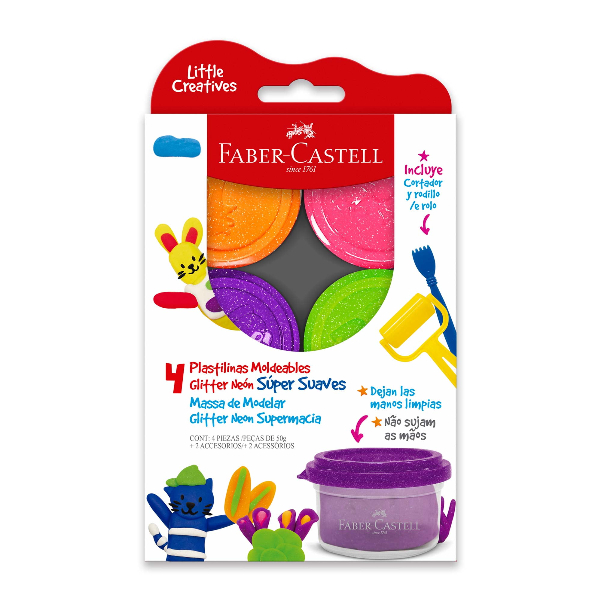 Faber Castell - Plastilina Glitter Neón Faber-castell Little Creatives X4